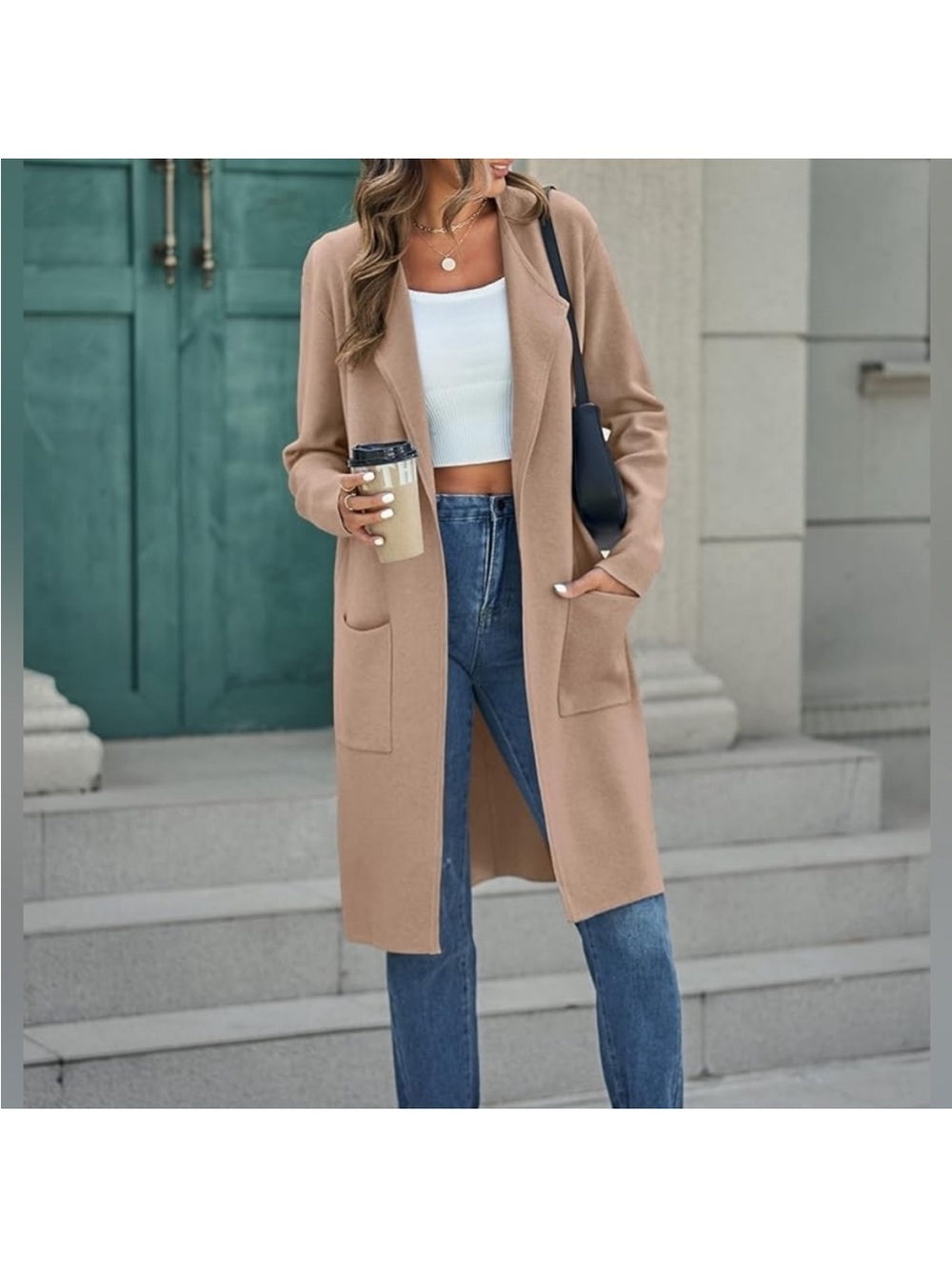 MEROKEETY Women's Long Hooded Knit Cardigan Sweater with Pockets Light Taupe SM